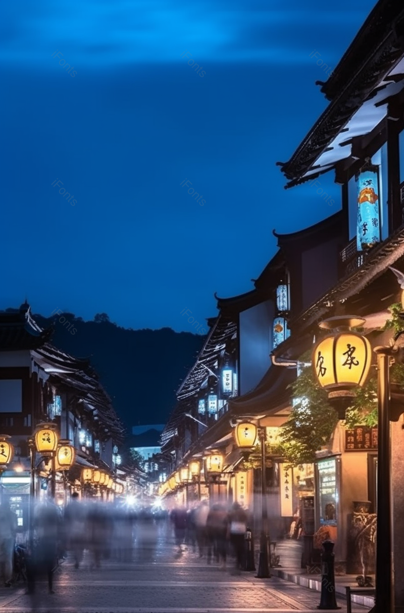 蓝色古风建筑商业步行街餐馆夜景实景拍摄,高清,摄影图,摄影图片,图片大全,摄影图免费下载